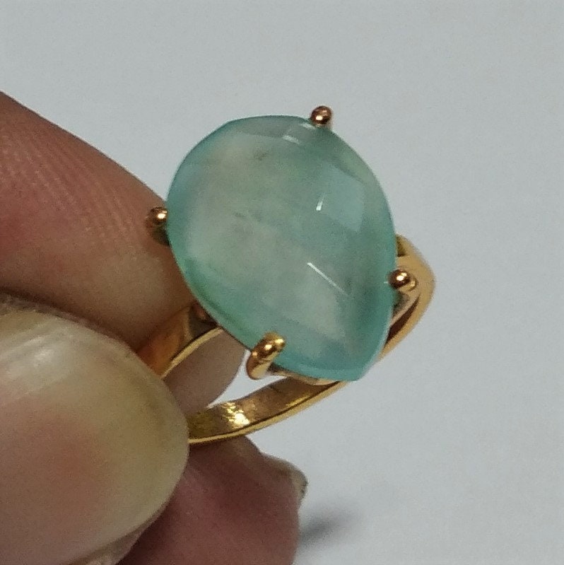 Natural Aqua Chalcedony Gemstone Ring, 925 Sterling 18k Gold Plated Silver Ring, Chalcedony Stone Size 14x10 mm Handmade Mother day Ring
